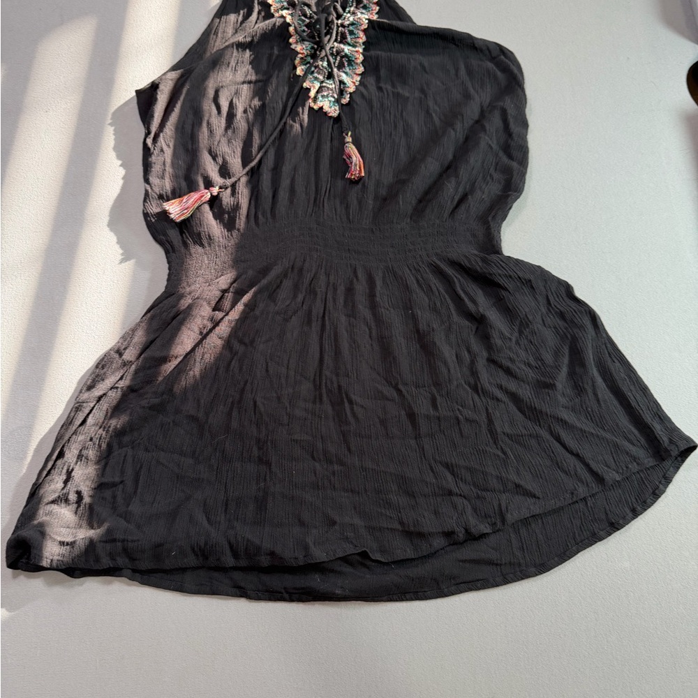 Black Boho Halter Dress Embroidered Tassel Flowy Summer - Picture 2 of 8